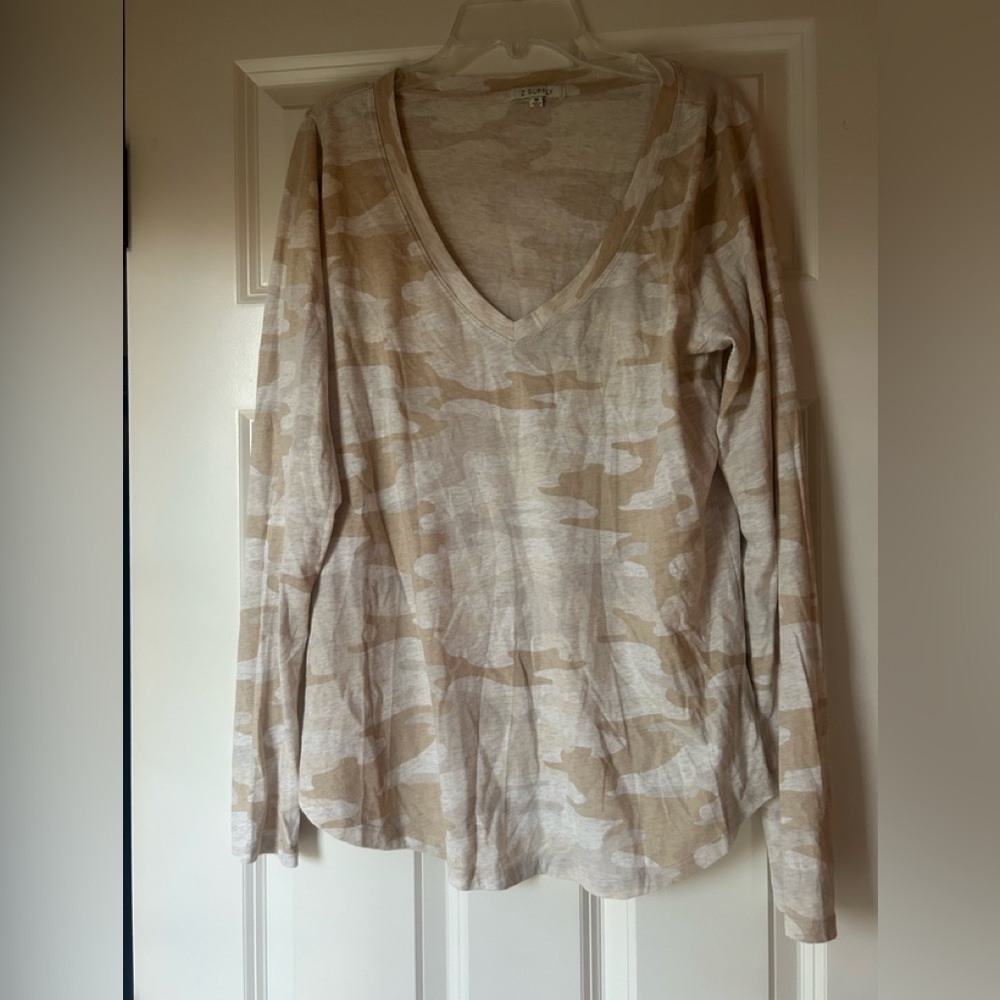 Z Supply Beige Camouflage Long Sleeve V-Neck Top